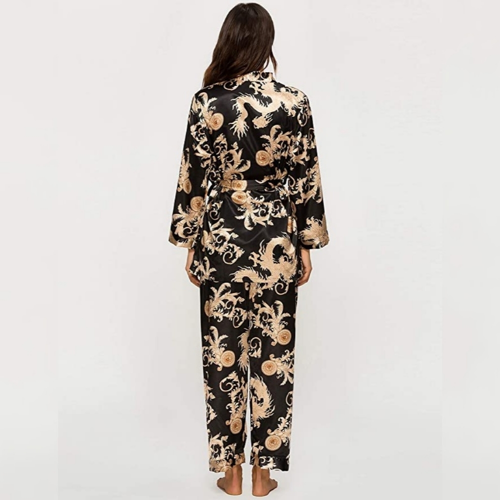 Escalier Women's Silk Satin Pajamas Set 2 Pcs Dragon Robe & Pants Set Sz M NWT - Picture 3 of 5